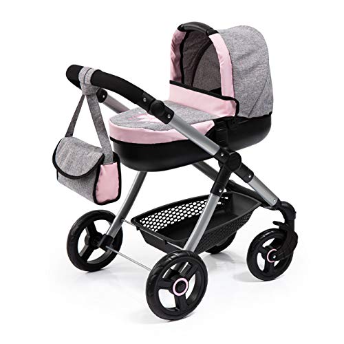 Bayer Design- Cochecito Style con Bolso Cambiador, Carrito Paseo Para Muñecos, Convertible, Plegable, Compatible con Silla de Coche Easygo, Color Vaqueros Grises y Rosas con Mariposa (12633Aa)