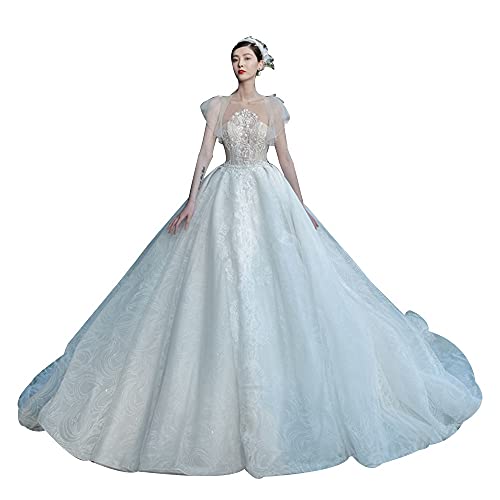 bdb Adorno De Perlas Vestidos De Novia Diseño De Arco para Mujer Encaje De Malla Falda De Postura Vestido De Novia para Novia Bola De Fiesta otoño (Color : Blanco, tamaño : Large)