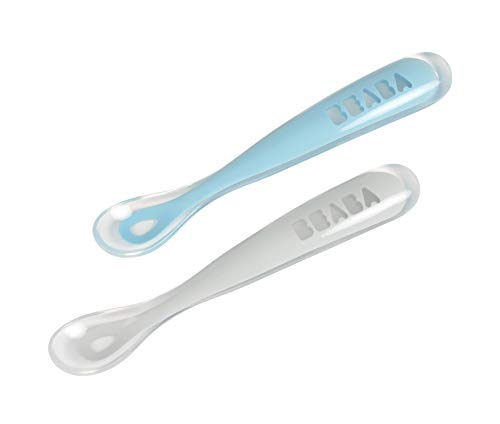 BÉABA Cucharas de Aprendizaje para Bebe, Silicona Suave, Juego de 2, Con estuche para guardarlas, Primera Edad, Ergonómica, Azul