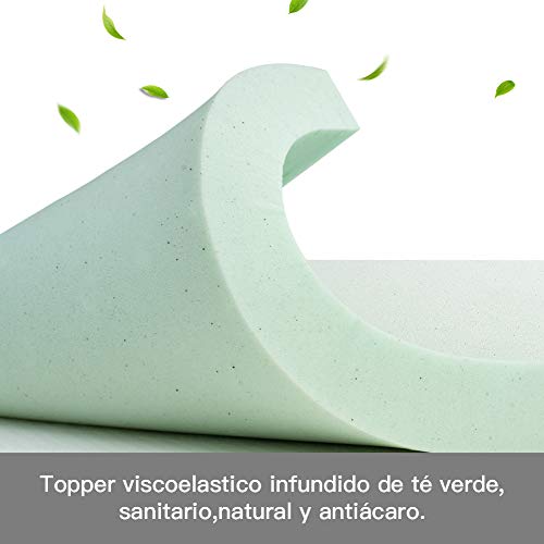 BedStory Topper Viscoelastico 135x190x5cm Topper Colchón con Té Verde Natural Anti-ácaros y Transpirable Sobrecolchón Viscoelastico con Funda Desmontable y Lavable