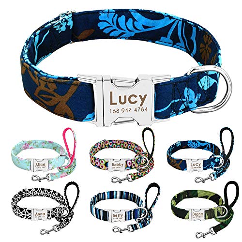 Beirui Collar Perro Personalizado con Hebilla de liberación rápida – Collares para Perros Personalizados con Patrones Florales – Blue Iris Collar y Correa Perro - L(14-23.5"Cuello)