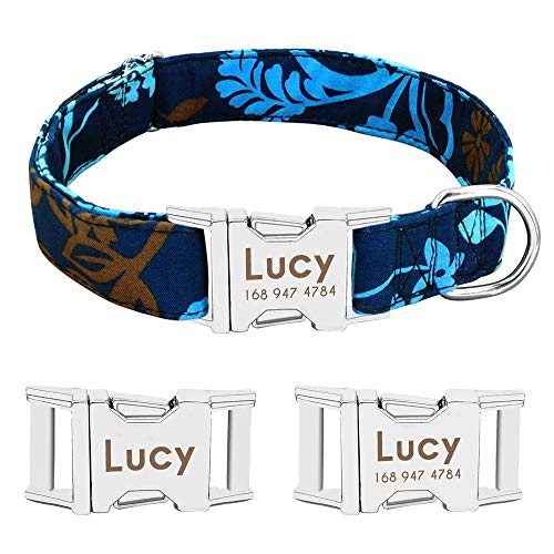 Beirui Collar Perro Personalizado con Hebilla de liberación rápida – Collares para Perros Personalizados con Patrones Florales – Blue Iris Collar y Correa Perro - L(14-23.5"Cuello)