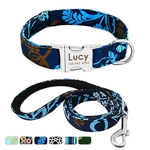 Beirui Collar Perro Personalizado con Hebilla de liberación rápida – Collares para Perros Personalizados con Patrones Florales – Blue Iris Collar y Correa Perro - L(14-23.5"Cuello)