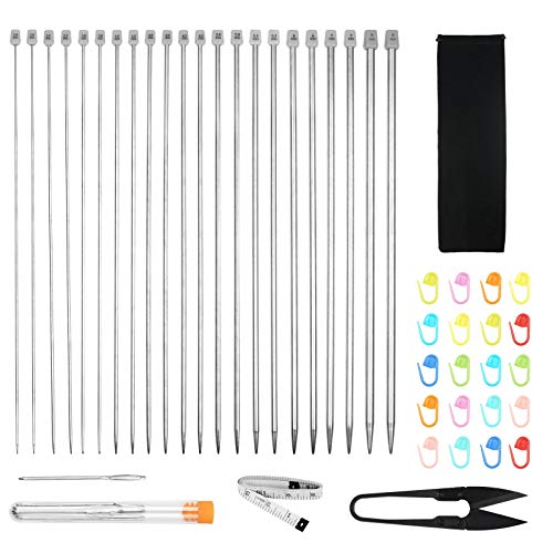 BELIOF 22 pcs Agujas de Tejer de Acero Inoxidable Herramientas de Agujas de Tejer Juego de Agujas Rectas de Tejer con Bolsa para Bufanda Suéter 2mm - 8mm Accesorios de Tejido Kit de Artesanía