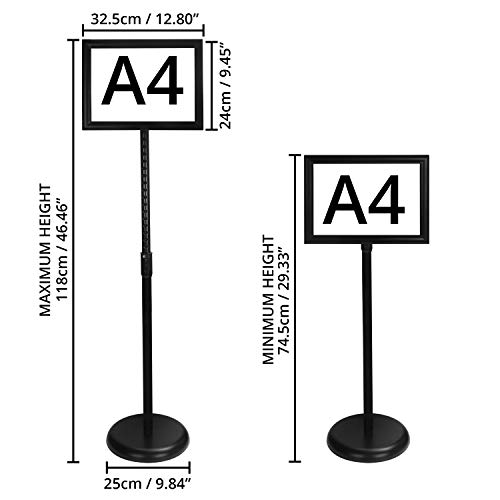 Belle Vous Expositores de Pie A4 Negro – Soporte para Poster de Aluminio de Pedestal – Marco para Vista en Vertical y Horizontal - Atril Ajustable para Bodas, Exhibiciones, Tiendas y Restaurantes