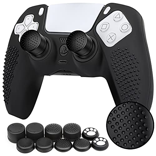 Benazcap Accesorios de Silicona para PS5 DualSense, Controlador PS5 Skin x 1, con Agarre de Pulgar x 10, Compatible con estación de Carga Oficial, Color Negro