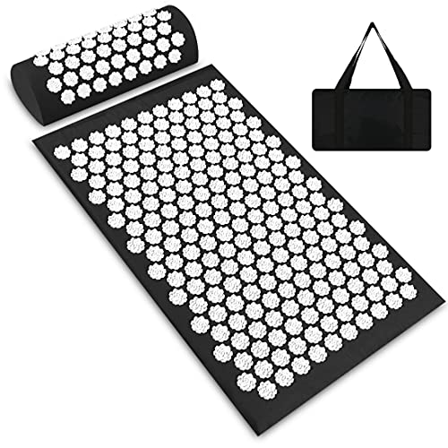 Benooa Esterilla Acupresión Kit de Masaje con Almohada Acupoint y Masaje con Cojín para Relajación Relaje la Cabeza, el Cuello, los Hombros (Black+White)