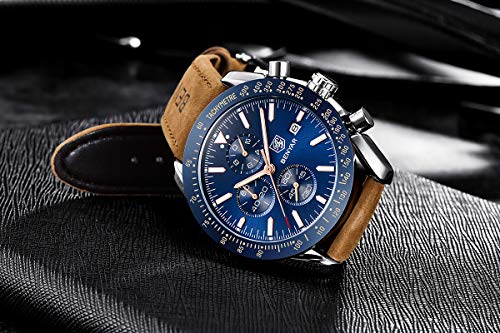 BENYAR Reloj cronógrafo para Hombre Movimiento de Cuarzo Correa de Cuero Fashion Business Sports Watch 30M Impermeable Elegante Regalo de los Hombres