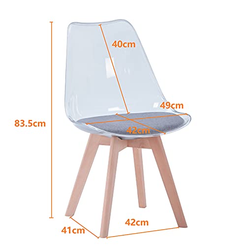 BenyLed Juego de 4 sillas de Comedor de Estilo escandinavo, sillas Laterales de acrílico Transparente de diseño Retro, Silla de Cristal con cojín de Asiento de Lino (Gris)