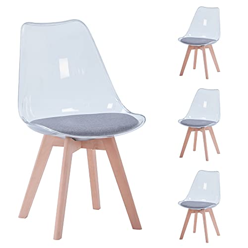 BenyLed Juego de 4 sillas de Comedor de Estilo escandinavo, sillas Laterales de acrílico Transparente de diseño Retro, Silla de Cristal con cojín de Asiento de Lino (Gris)