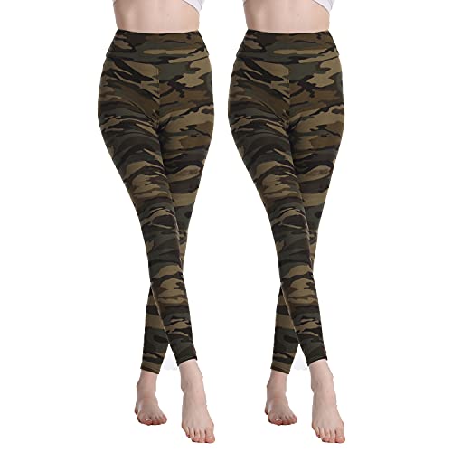 BESIDE STAR 2 Piezas Leggings hasta el Tobillo Medias de Yoga Clásicas para Mujer Pantalones Deportivos con patrón de Camuflaje para Mujer Muchos tamaños Verde M