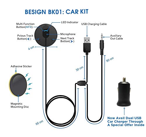 Besign BK01 Receptor Bluetooth Kit de Coche Manos Libres, Adaptador Bluetooth con Conector de Entrada Auxiliar (3.5 mm), Base Magnética y Aislador de Reducción de Ruido para Sistema de Audio de Coche