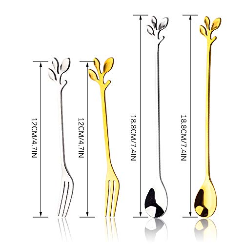 Besylo 2pcs Cuchara, 2pcs Tenedor, cucharas de mango largo, Tenedores De Frutas, Cuchara de acero inoxidable, Forma de hoja, Revolver/Mezclar/Azúcar/Postre/Mermelada, 4 piezas, 2 estilos