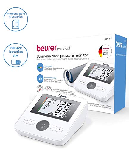 Beurer BM27l tensiómetro de brazo, funcion ok, medición automática, manguito universal, detección arritmia, pantalla clara, memoria 4 x 30 miediciones, color blanco