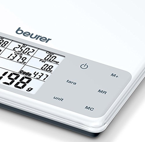 Beurer DS 61 - Balanza de cocina con análisis nutricional, 5kg 1 gr, nivel de grasa, proteínas, colesterol y calorías, auto tara, altura números pantalla 1.3cm, color blanco