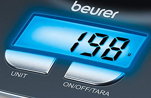 Beurer KS 25 Balanza de cocina con bol transparente, función auto-tara, 3 kg/1 gr, pantalla LCD azul (6.6 x 2.8 cm), altura pantalla 2.2 cm, color negro plata