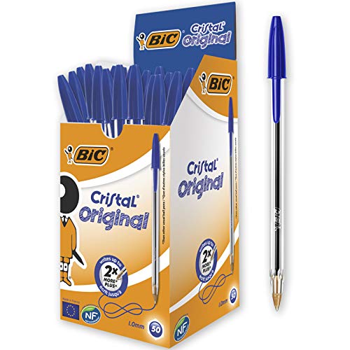 BIC Cristal Bolígrafos, Original, Óptimo para material escolar,Azul, Punta Media (1,0mm), Material Oficina y Papelaria, Caja de 50 Bolis