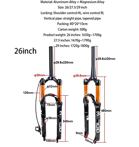 Bicicleta de montaña Amortiguador Horquilla Delantera Horquilla de Aire Amortiguador presión de Aire Horquilla Delantera Control de Hombro/Control de (Color:Vertebra B,Size:27.5'')