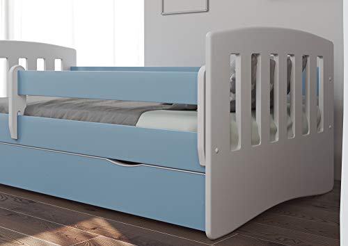 Bjird Cama Infantil 160x80 Cama para Niños con Barrera de protección contra caídas. cajones extraíbles y Base de Listones para niñas y niños - Azul 80 x 160 cm