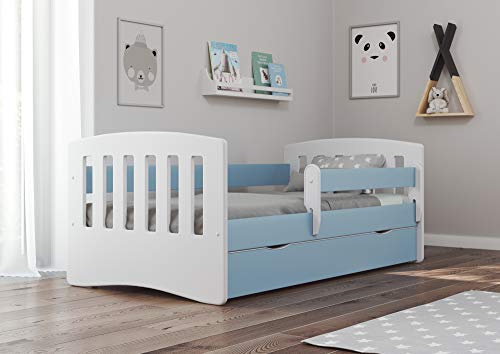 Bjird Cama Infantil 160x80 Cama para Niños con Barrera de protección contra caídas. cajones extraíbles y Base de Listones para niñas y niños - Azul 80 x 160 cm