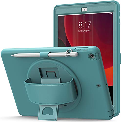 BlinkCat Funda para iPad 10.2" 8th / 7th Generation, Air 3, Pro 10.5 Pesado Deber Anti-Caída Cubierta Protectora con Kickstand Incorporado + Correa Mano+ Portalápices - Azul Esmeralda