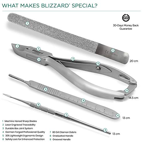 Blizzard - Kit Herramientas Podología 4pzs, Alicate, Lima Raspador, Lima de Diamante Abrasivo y Mango para Bisturí, Ideal para Uñas Encarnadas - Hecho en Alemania para Uso Profesional