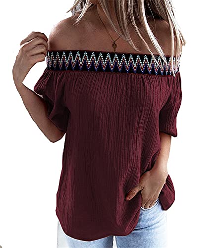 Blusa Mujer Sexy Sin Tirantes Suelto Cómodo Transpirable Moda Manga Corta Vacaciones Ocio Elegante Estilo Étnico Verano Mujer Shirt Mujer Tops E-Wine Red S