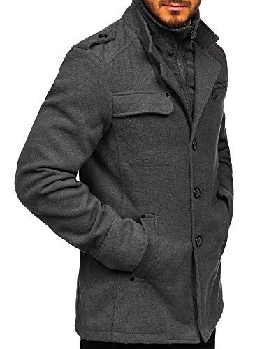 BOLF Hombre Abrigo Botonadura Simple Cierre de Cremallera y Botones Cuello Reversible Cazadora Jersey Jacket Chaqueta Plumas Outdoor Ocio Estilo Casual 8856 Gris L [4D4}