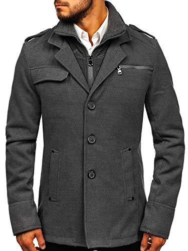 BOLF Hombre Abrigo Botonadura Simple Cierre de Cremallera y Botones Cuello Reversible Cazadora Jersey Jacket Chaqueta Plumas Outdoor Ocio Estilo Casual 8856 Gris L [4D4}