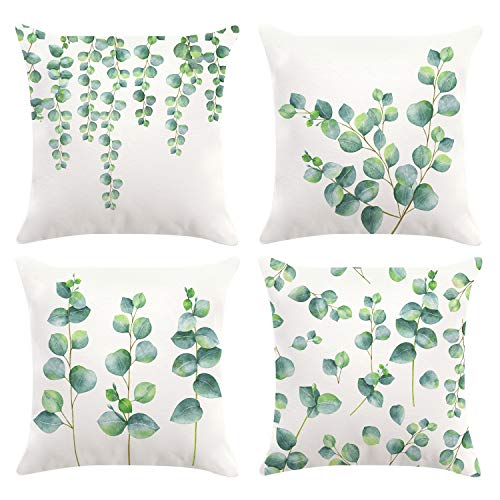 Bonhause Juego de 4 Funda de Cojín 45x45cm Hojas de Eucalipto Plantas Verdes Terciopelo Suave Fundas de Almohada para Cojines Decorativos para Sofá Cama Coche Hogar