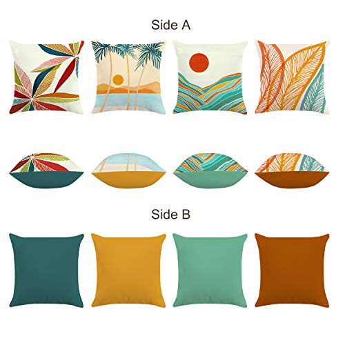 Bonhause Juego de 4 Funda de Cojín 45x45cm Montañas Paisaje Tropical Hojas Moderno Terciopelo Suave Fundas de Almohada para Cojines Decorativos para Exterior Sofá Cama Coche Hogar