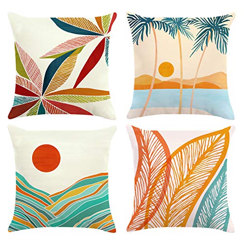 Bonhause Juego de 4 Funda de Cojín 45x45cm Montañas Paisaje Tropical Hojas Moderno Terciopelo Suave Fundas de Almohada para Cojines Decorativos para Exterior Sofá Cama Coche Hogar