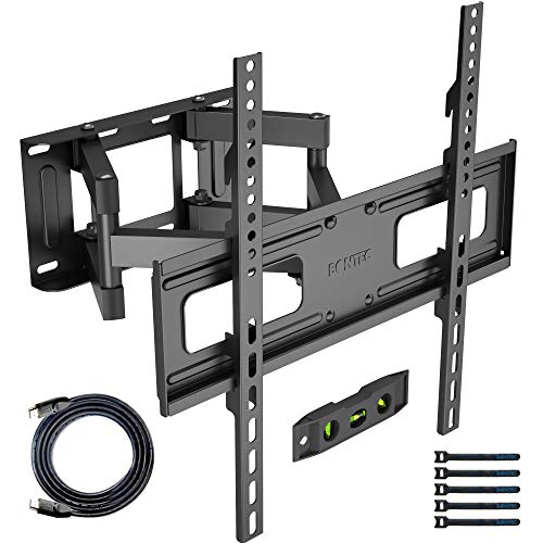 BONTEC Soporte de Pared para TVs Planos & curvos de 23-60 Pulgadas, se extiende la Inclinación Giratoria, Doble Brazo y Movimiento Completo, Incluye Cable HDMI, Nivel topográfico, 5 Correas de Velcro