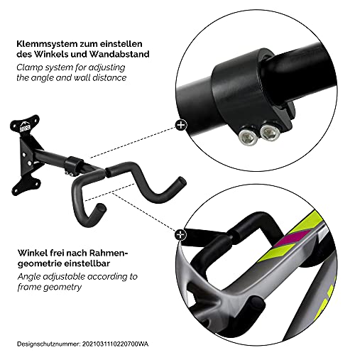 Borgen Soporte de pared para bicicletas I Soporte para colgar bicicletas - Ángulo y distancia de pared ajustable, plegable, MTB, bicicleta de carreras - Acolchado extra suave