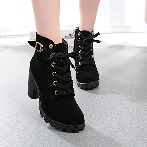 Botines Mujer Tacon Plataforma Botas Invierno Moda 2019 Zapatos Militares con Cordones Botines de Tacón Grueso Zapatos de Discoteca Antideslizante Botin Hebillas Yvelands(Negro,39)