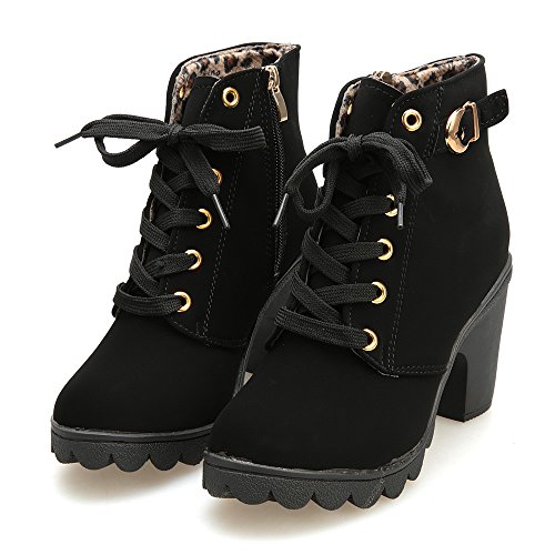 Botines Mujer Tacon Plataforma Botas Invierno Moda 2019 Zapatos Militares con Cordones Botines de Tacón Grueso Zapatos de Discoteca Antideslizante Botin Hebillas Yvelands(Negro,39)