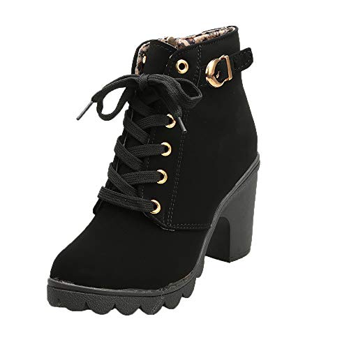 Botines Mujer Tacon Plataforma Botas Invierno Moda 2019 Zapatos Militares con Cordones Botines de Tacón Grueso Zapatos de Discoteca Antideslizante Botin Hebillas Yvelands(Negro,39)