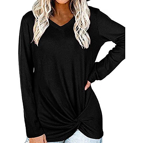 Bouilloire Camisetas para Mujer Casual, Tops de Manga Larga, Blusa de Camisetas Suaves con Nudo Torcido, Blusas de Cuello Redondo