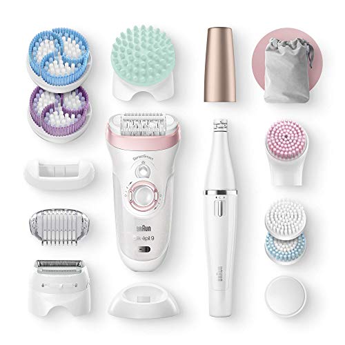 Braun Silk-épil 9 Depiladora Mujer 9 en 1 con Tecnología SensoSmart, Kit de Belleza, Uso en Seco y en Mojado, Rasuradora, Exfoliación y Limpieza para Rostro y Cuerpo, Inalámbrica, 9-995, Blanco/Rosa