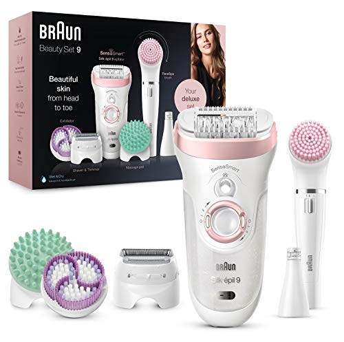 Braun Silk-épil 9 Depiladora Mujer 9 en 1 con Tecnología SensoSmart, Kit de Belleza, Uso en Seco y en Mojado, Rasuradora, Exfoliación y Limpieza para Rostro y Cuerpo, Inalámbrica, 9-995, Blanco/Rosa