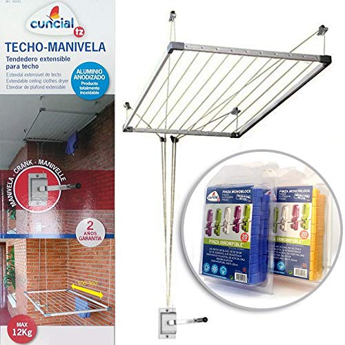 Bricolemar Tendedero de Techo Sube y Baja con Manivela Cuncial Tezno-Techo + 40 Pinzas Irrompibles Monoblock Pack