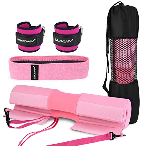 bridawn Barbell Squat Pad Conjunto Barra Sentadillas para Squats Hip Thrust Viene con 2 Correas de Tobillo de Banda de Resistencia de la Cadera Bolsa de Almacenamiento Se Adapta a la Barra Olímpica