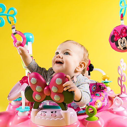 Bright Starts, Disney Baby Saltador y Centro de actividades Minnie con luces y música, asiento giratorio, 4 alturas regulables, 12 juguetes interactivos, a partir de 6 meses