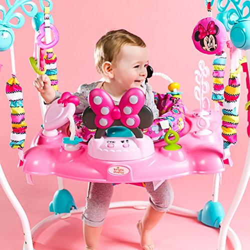 Bright Starts, Disney Baby Saltador y Centro de actividades Minnie con luces y música, asiento giratorio, 4 alturas regulables, 12 juguetes interactivos, a partir de 6 meses