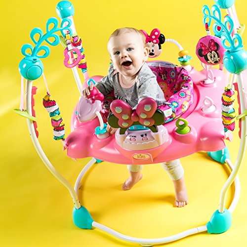 Bright Starts, Disney Baby Saltador y Centro de actividades Minnie con luces y música, asiento giratorio, 4 alturas regulables, 12 juguetes interactivos, a partir de 6 meses