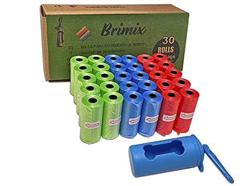 BRIMIX 450 BOLSAS PARA EXCREMENTOS DE PERRO CON DISPENSADOR. 30 rollos x 15 bolsas/rollo. Para recoger la caca de su perro o heces de las mascotas. Bolsa basura para caca de perros (MULTICOLOR)