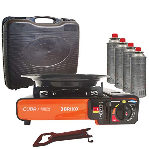 BRIXO Barbacoa Grill 2 en 1 Hornillo de Gas 2200 W Cuba Piezo + 4 Cartuchos de Gas 227 g Gas butano Camping