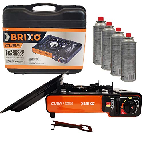 BRIXO Barbacoa Grill 2 en 1 Hornillo de Gas 2200 W Cuba Piezo + 4 Cartuchos de Gas 227 g Gas butano Camping