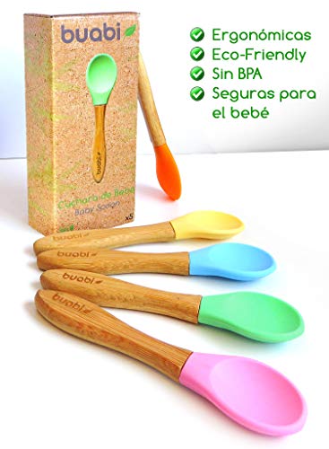 BUABI Set de cucharas de bambú y silicona, para bebé. Producto Ecológico y sin BPA