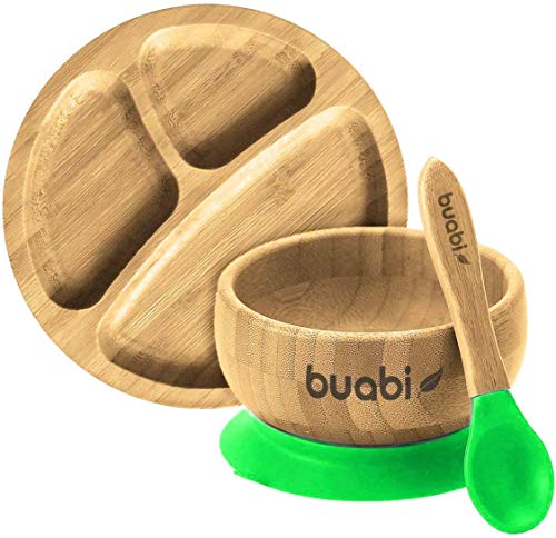 BUABI Set de cucharas de bambú y silicona, para bebé. Producto Ecológico y sin BPA